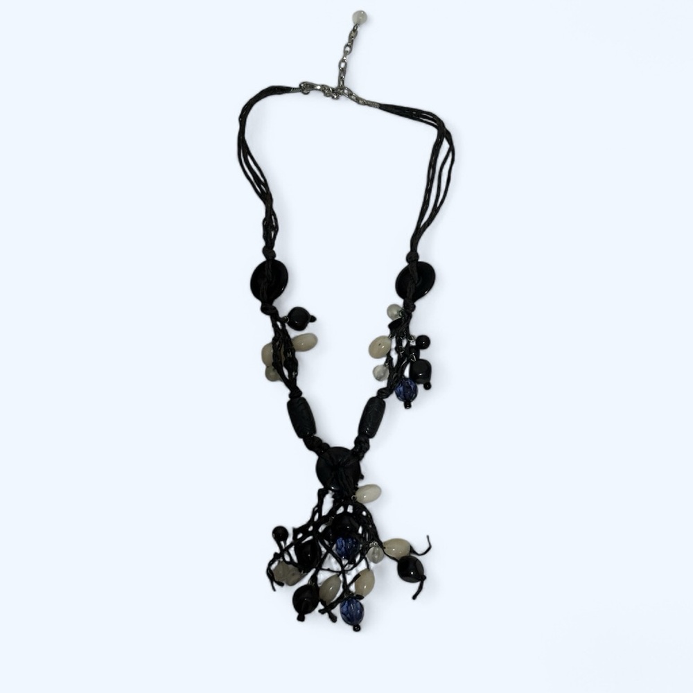 Button and Bead Necklace with Black Chord Black/White Women - Picture 1 of 8
